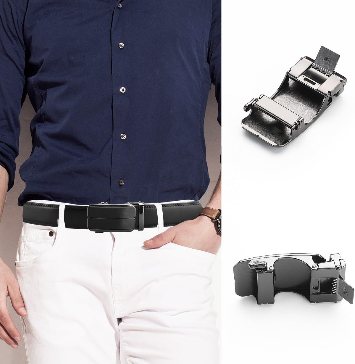 Men's Adjustable Leather Belt Strap & Zinc Alloy Automatic Ratchet Buckle, Customizable for Business Casual & Formal Wear