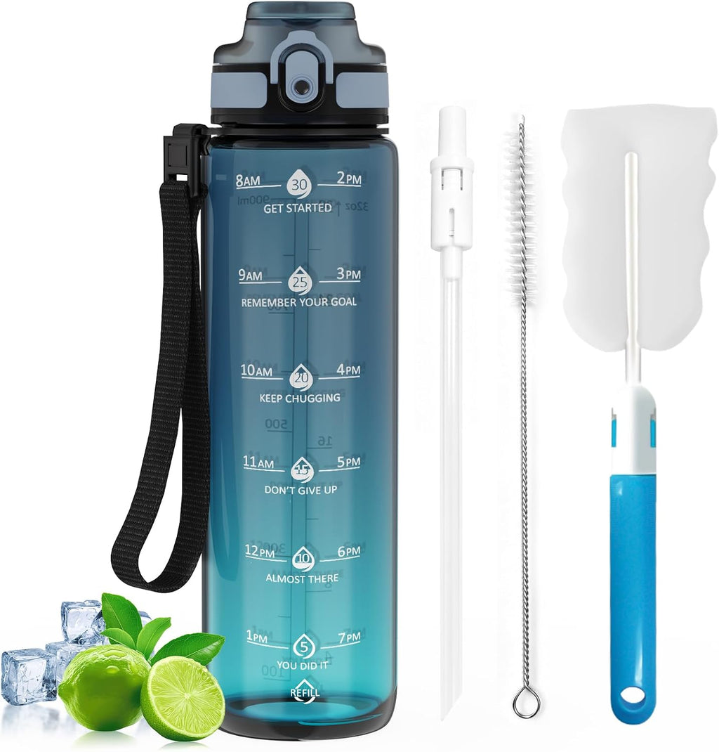 1L Water Bottle Made of BPA-Free Tritan Material, Sports Water Bottle with Removable Straw & Hydration Time Markerings, Ideal for Gym, Travel, Home, School and Outdoor Activities - Dusty-Blue