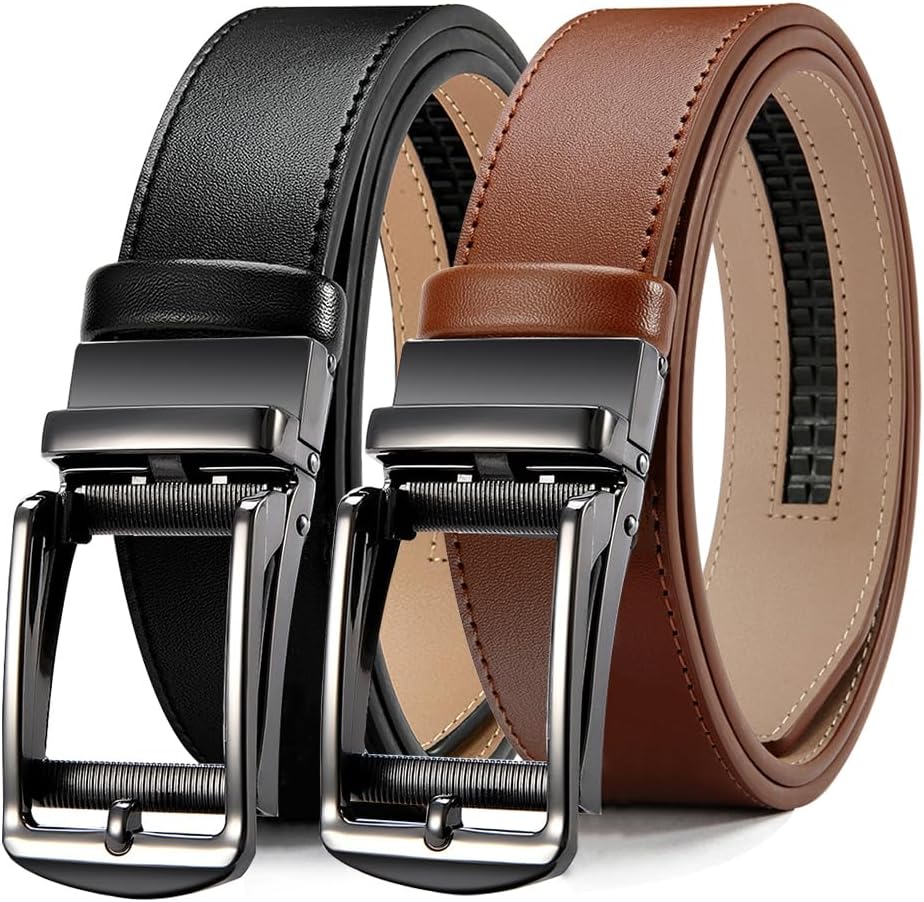 Mens Belt Leather Ratchet 1 3/8'' - 2 Packs Belt For Men Gift Dress and Casual with Adjustable Buckle, Trim to Fit