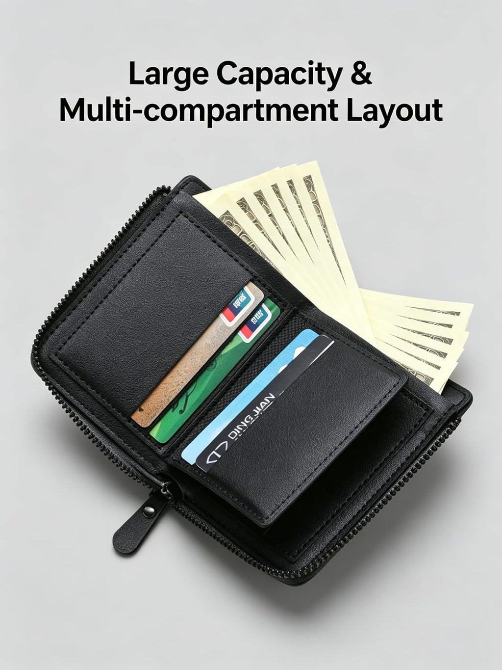 Mens Wallets Leather, Blue Men's Wallet with Zipper Closure, RFID Blocking, Coin Storage, 5 Card Slots & Window ID Display, Suitable for Daily Use & Work, Ideal Gift for Men Black