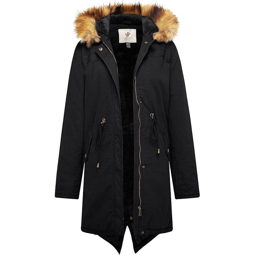 Womens Winter Fleece Coat Parka Cotton Jacket Faux Fur Hood Size XL, Black