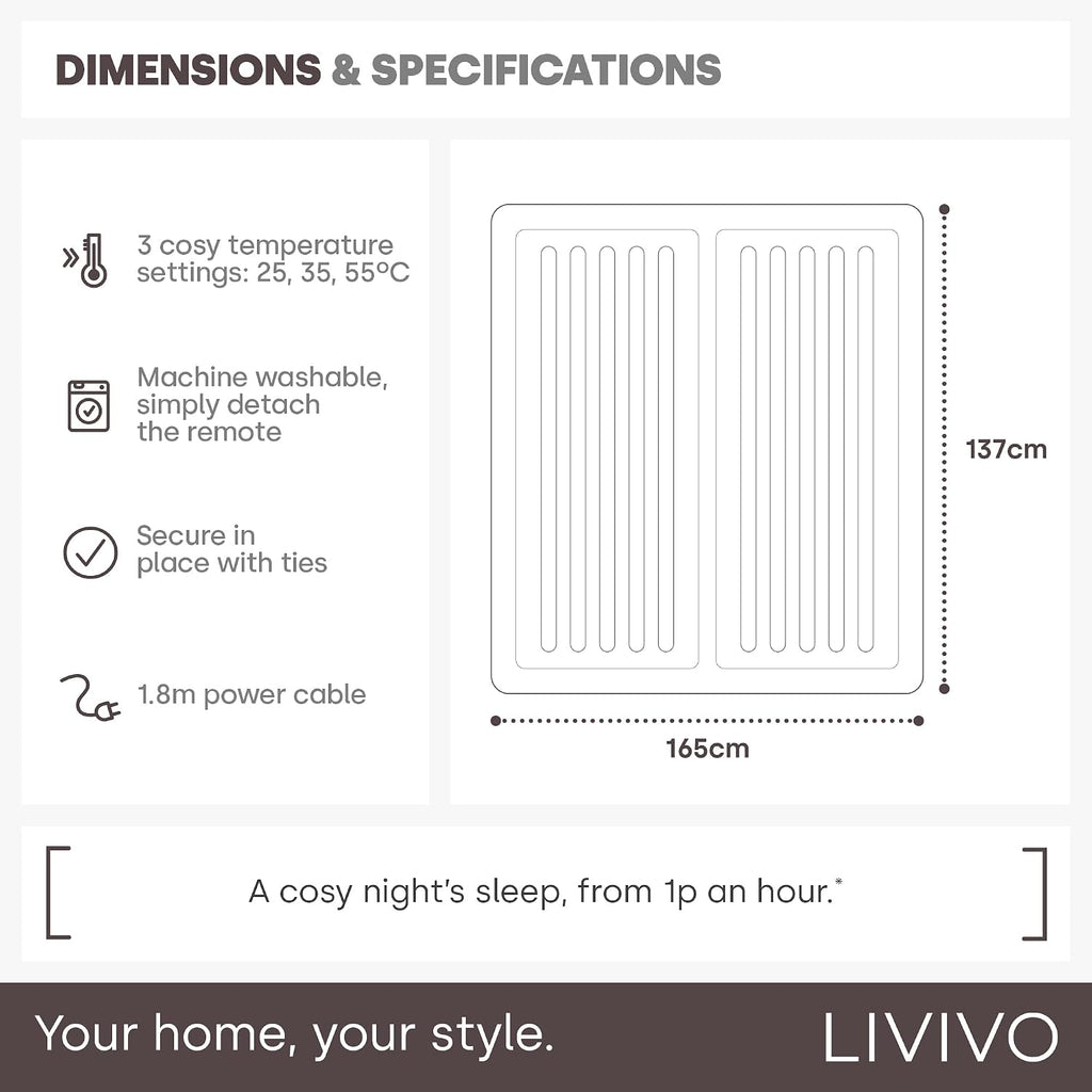 LIVIVO Electric Blanket King Size - Heated Underblanket for Bed - 165x137cm