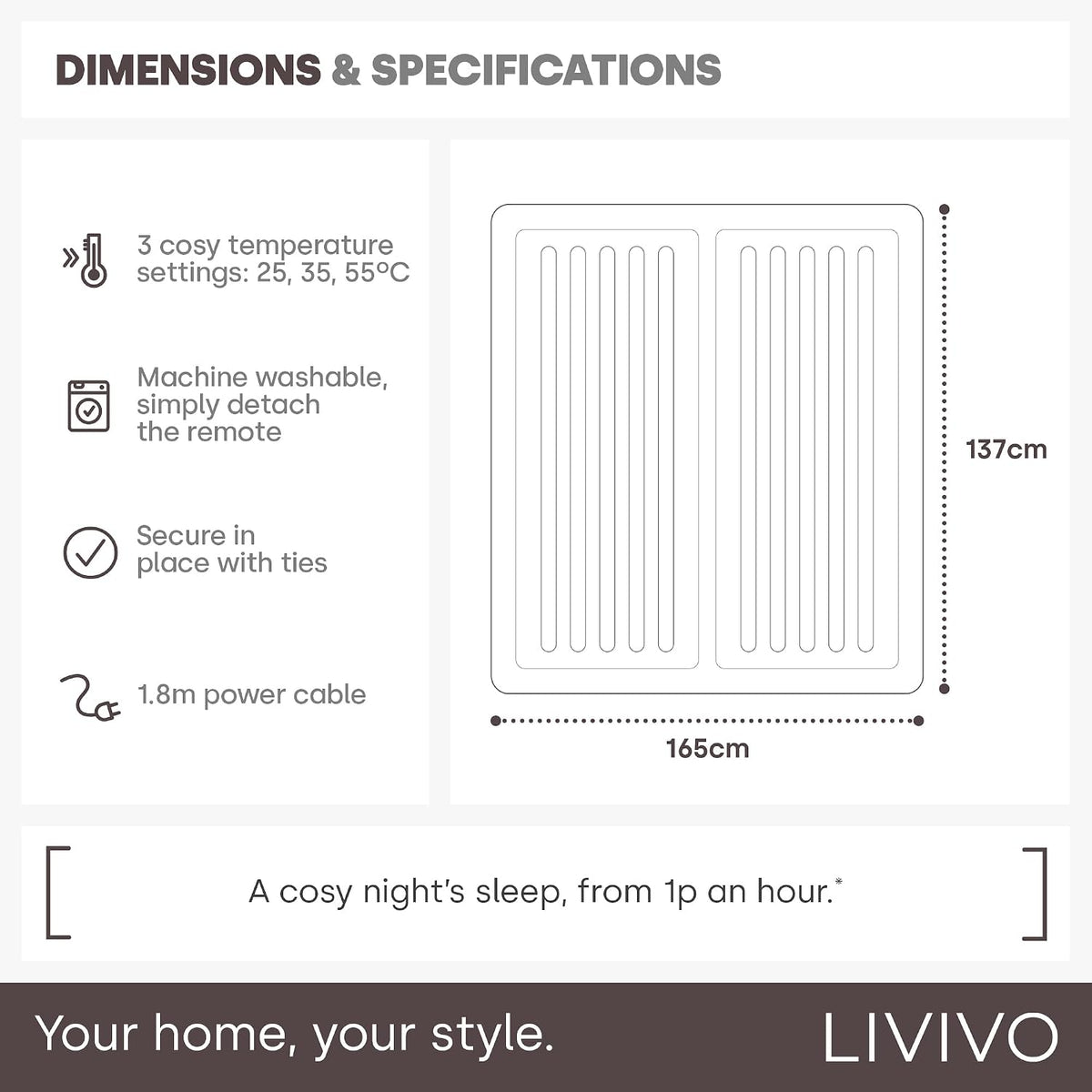 LIVIVO Electric Blanket King Size - Heated Underblanket for Bed - 165x137cm