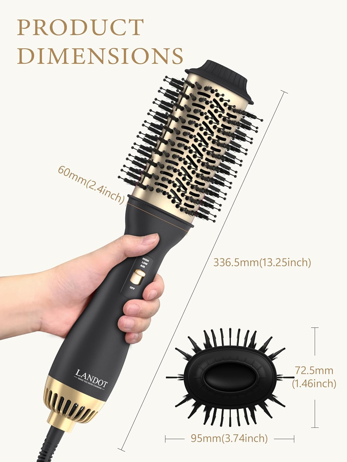 Hair Dryer Brush 60mm Oval Hot Air Styler Volumiser Blowout Brush LANDOT Ionic