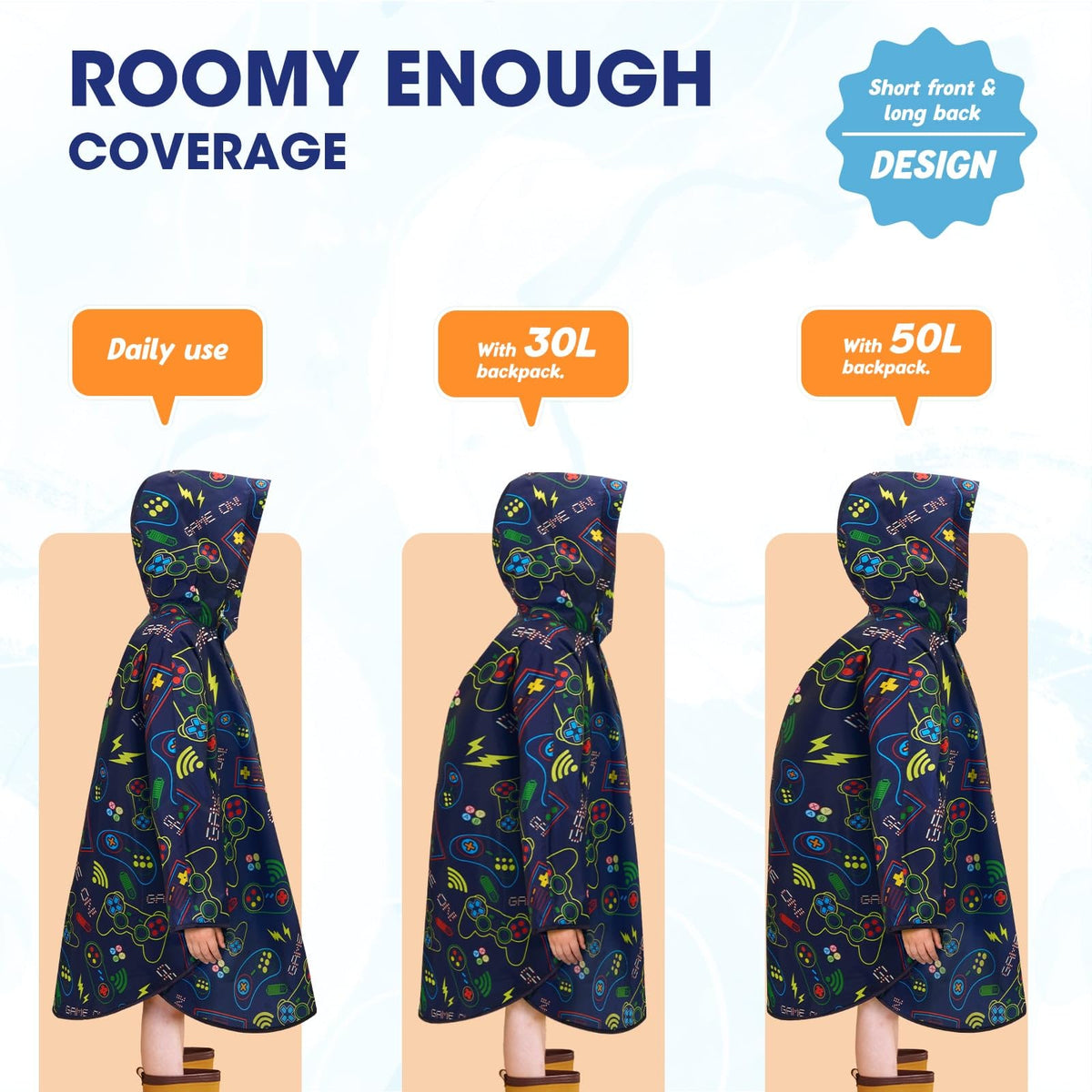WAWSAM Kids Rain Poncho Waterproof Boys Girls Portable Raincoat Rain Jacket Lightweight Rainwear