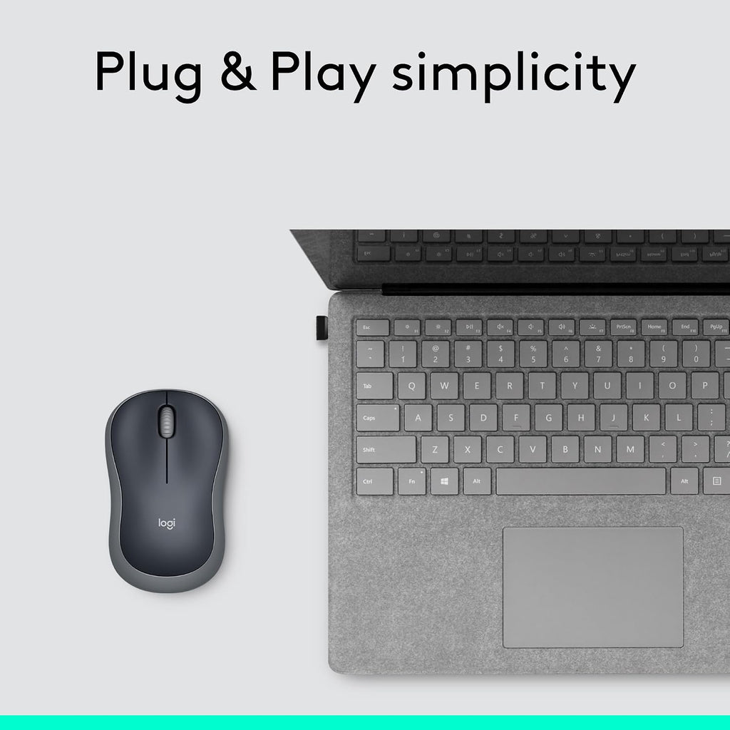 Logitech M185 Wireless Mouse, 2.4GHz with USB Mini Receiver, 12-Month Battery Life, 1000 DPI Optical Tracking, Ambidextrous, Compatible with PC, Mac, Laptop - Grey