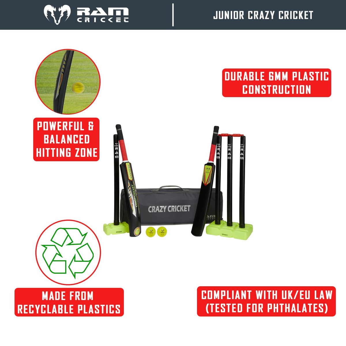 Ram Cricket - Crazy Cricket Set - Age 9 yrs - Adult - Pro balanced design
