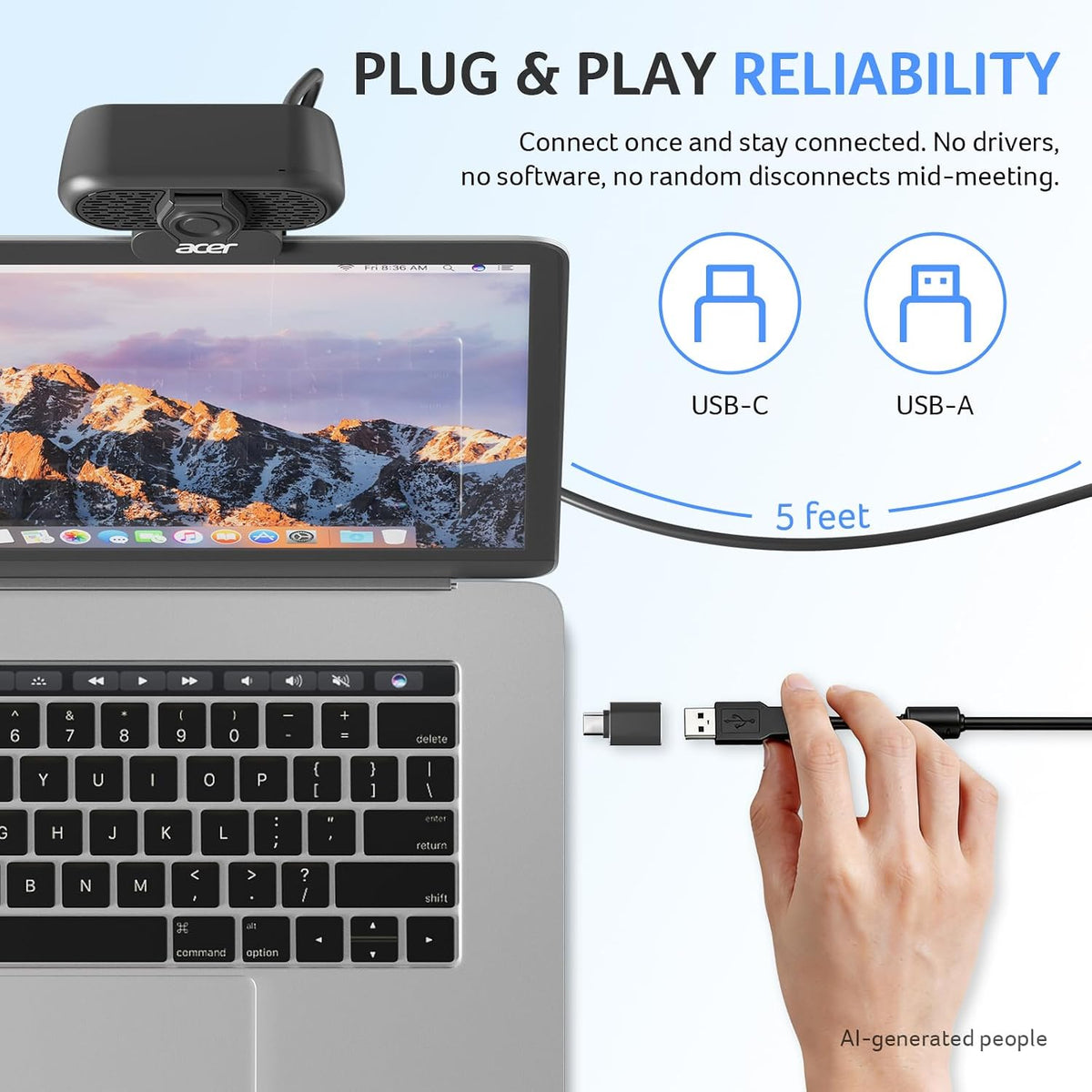 Acer A640 4K Webcam for PC with Sony Sensor PDAF Autofocus AI Noise Canceling Mic Privacy Shutter USB A to C Adapter Computer Camera for Gaming Streaming Meetings Switch 2 Camera Teams Zoom Facetime