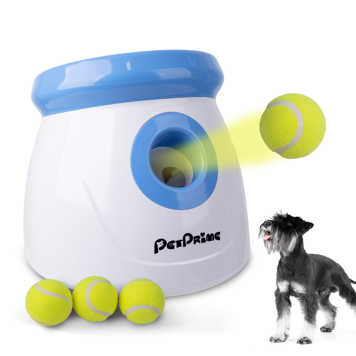 Pet Prime Automatic Dog Ball Launcher for Large Breed, Rechargeable Interactive Ball Thrower Toy with 10-40Ft, Fetch Machine with 6 Durable 2.5" Tennis Balls & Dog Whistle