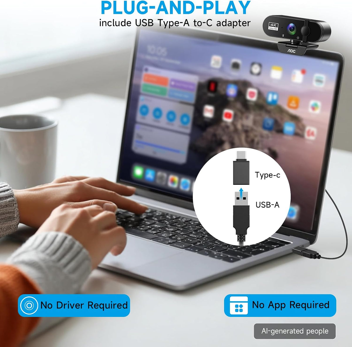 AOC Webcam for PC with Microphone, 4K Webcam Privacy Cover, Plug & Play
