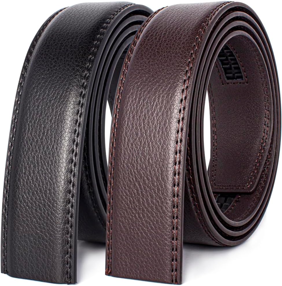 Mens Belt Ratchet Belt Replacement Strap 1 3/8”, 2 PACK Leather Belt Strap for 40MM Slide Click Buckle ，Trim to Fit