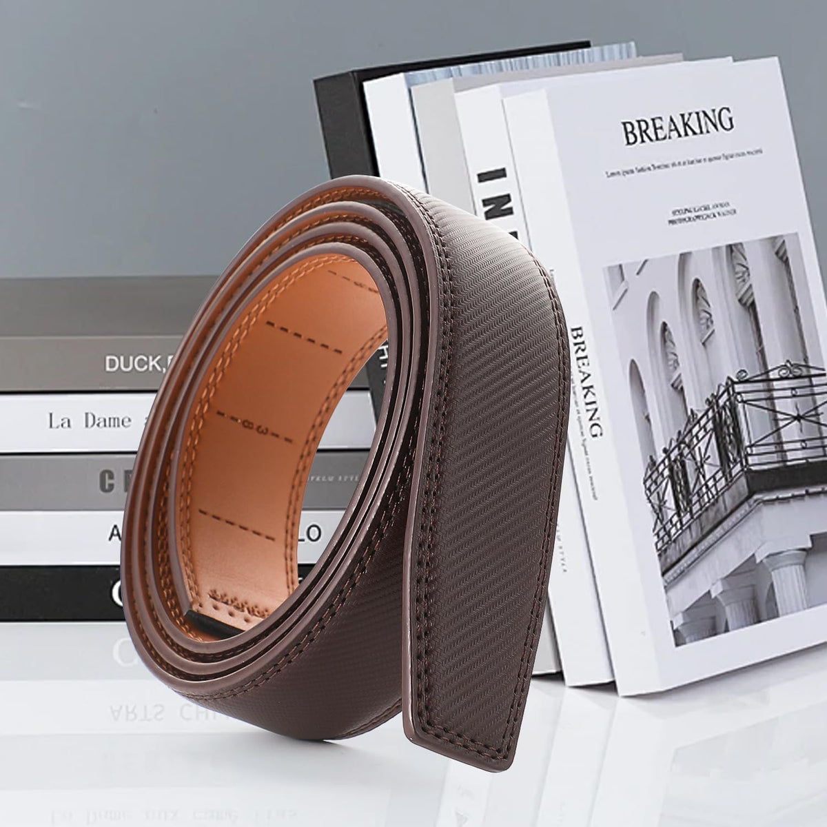 Men's Adjustable Leather Belt Strap & Zinc Alloy Automatic Ratchet Buckle, Customizable for Business Casual & Formal Wear