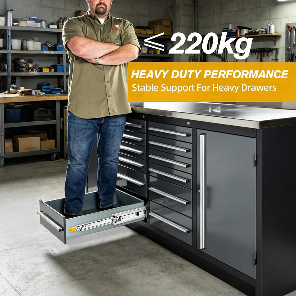 Heavy Duty Drawer Runners 450mm Locking Full Extension Slides 220kg 76mm Wide Pair