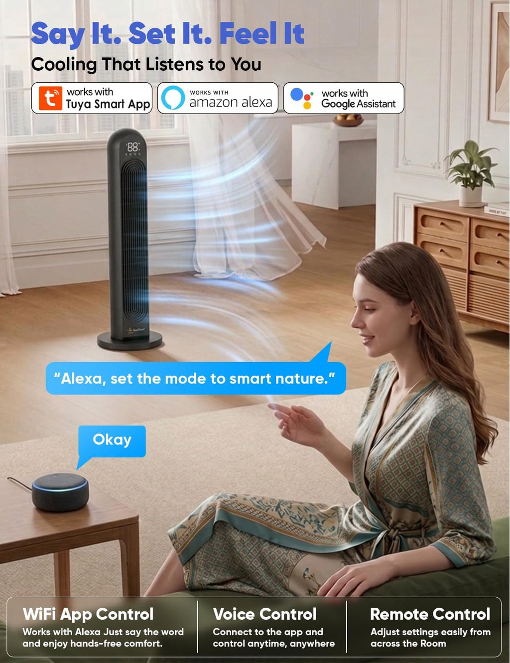 Smart Tower Fan 42 Inch WiFi Alexa Control Remote Quiet Cooling EcoNour Home Fan