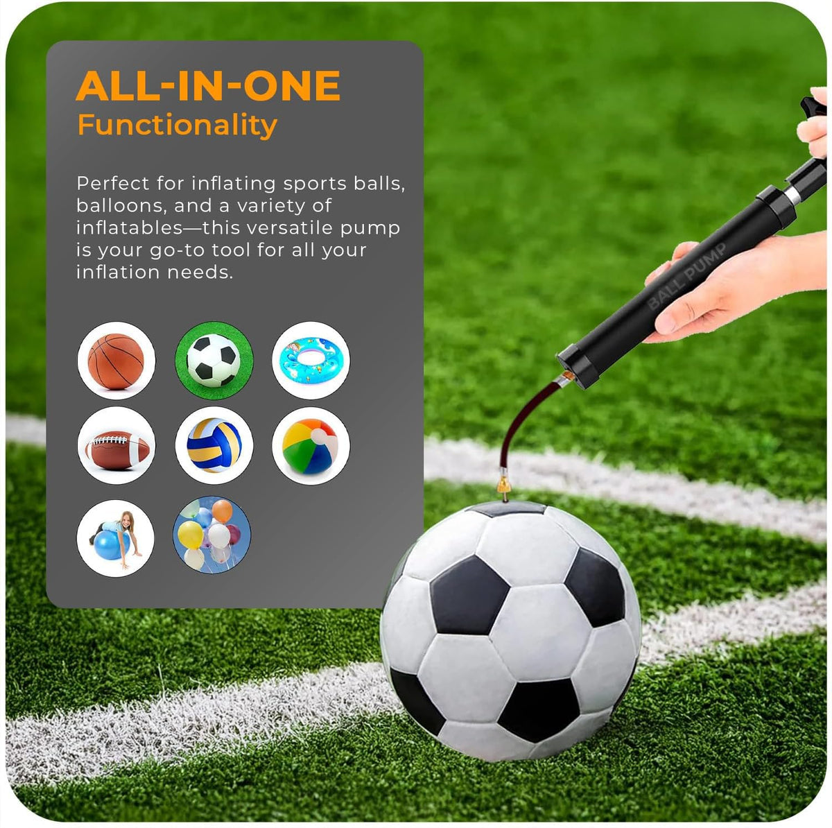 Active 100 Ball Pump with Needle - Football Pump with Nozzle & Extension Hose, for Basketball, Rugby Ball, Durable Aluminium-alloy Tube, Ergonomic Design, Fast Air Inflator