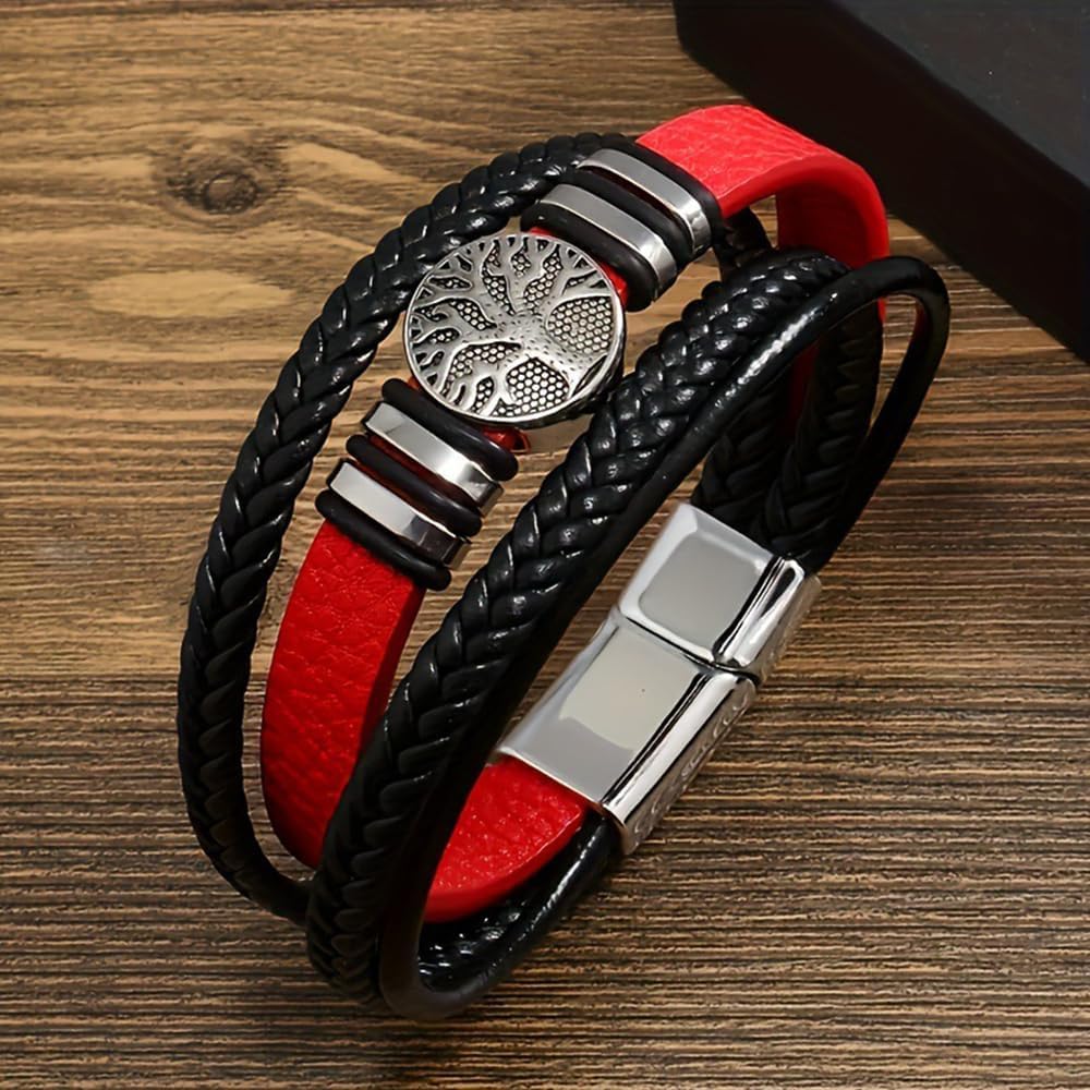 Braided Leather Bracelet with Tree of Life Charm, Adjustable Spiritual Jewelry for Men and Women, Symbolic Boho Gift