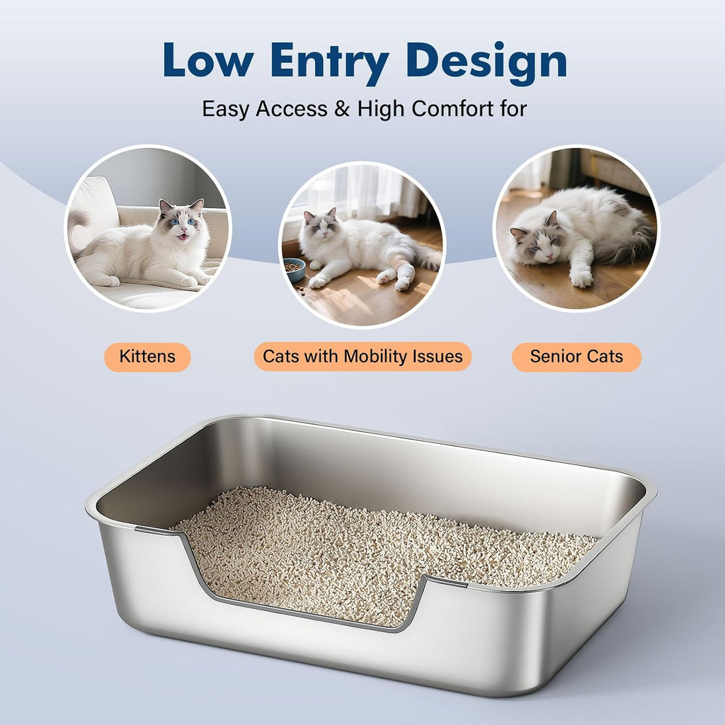 Stainless Steel Cat Litter Tray with Low Entry, Metal Cat Litter Box for Senior or Injured Cats, XXL Large Cats Toilet for Small Large Pets, Odour-Free, Non-Stick, Easy to Clean, 17.5"L×13.6"W×5.9"H