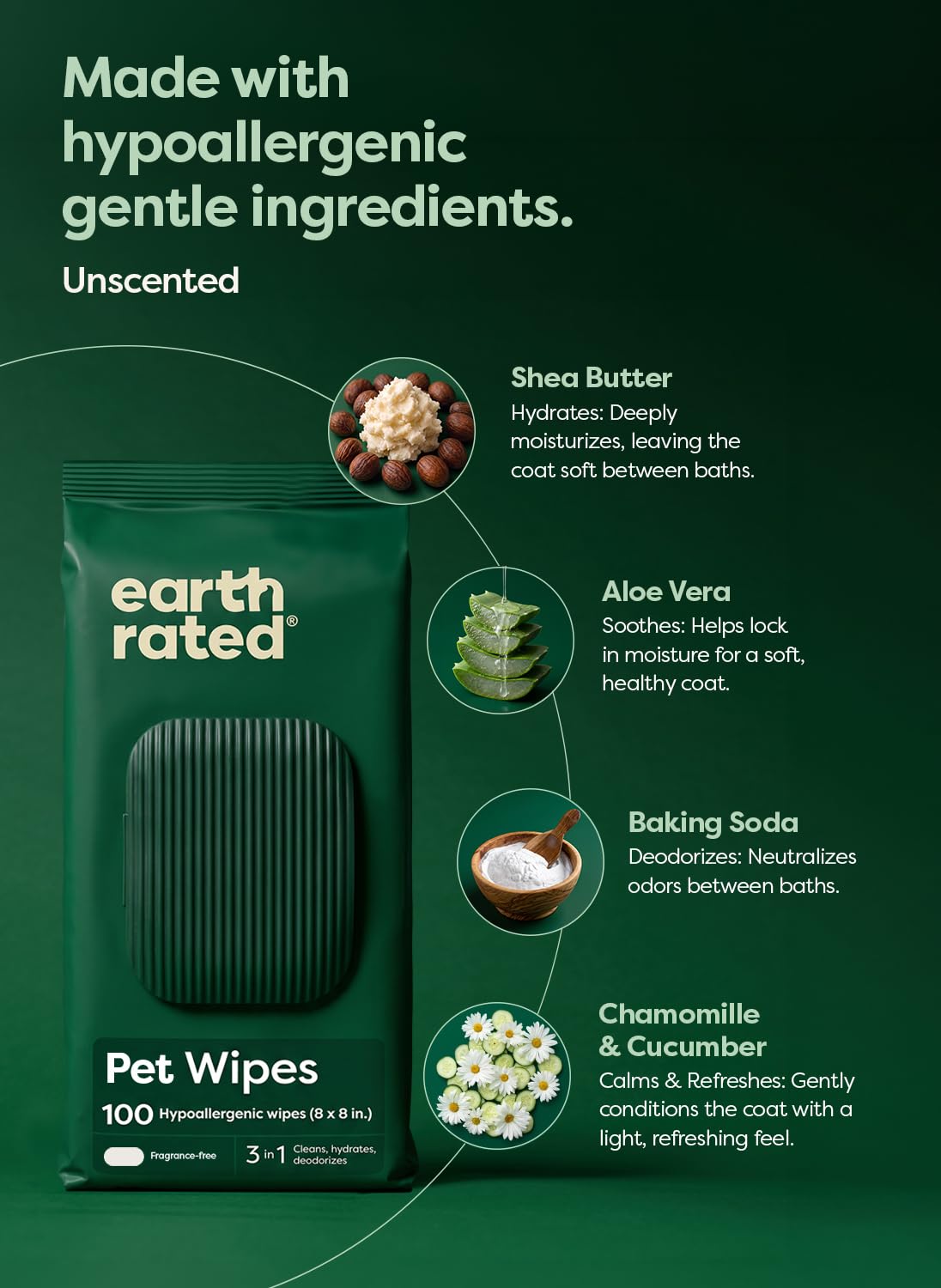 Earth Rated Dog Wipes, Hypoallergenic, Cleaning and Hydrating, for Grooming Paws, Body and Bums, Lavender Scented, 100 Count