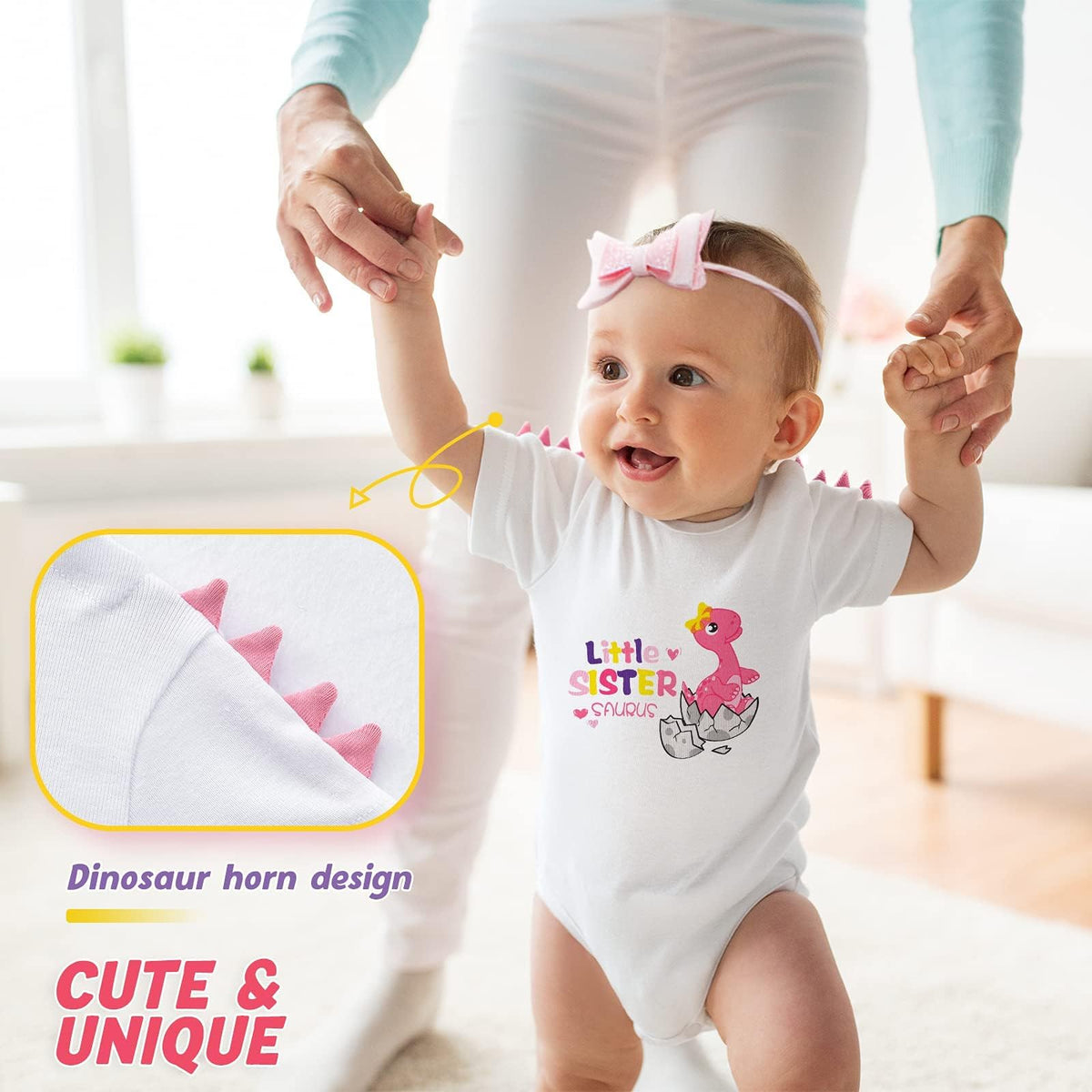 WAWSAM Little Sister Bodysuit Newborn Baby Girls’ Dinosaur Infant Romper Sibling Outfit