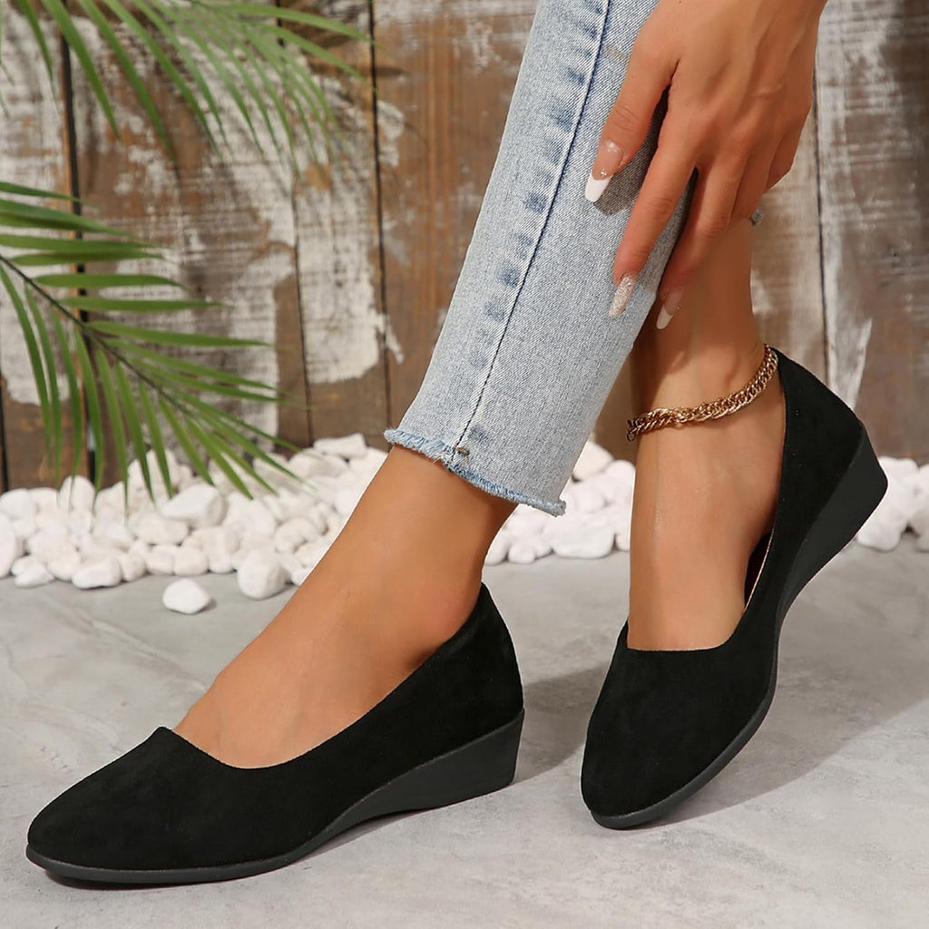 Women's Ballet Flats Business Office Work Dress Shoes Low Wedge Round Toe Slip-Ons Comfortable Dressy Casual Flats Shoes