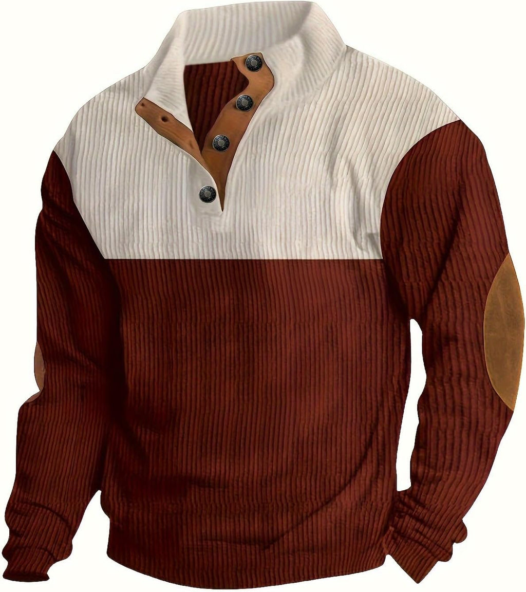 Retro Colorblock Knitted Ribbed Sweater, Neutral Tones,Men's Casual Warm Stand Collar Pullover Sweater for Fall Winter,Blue