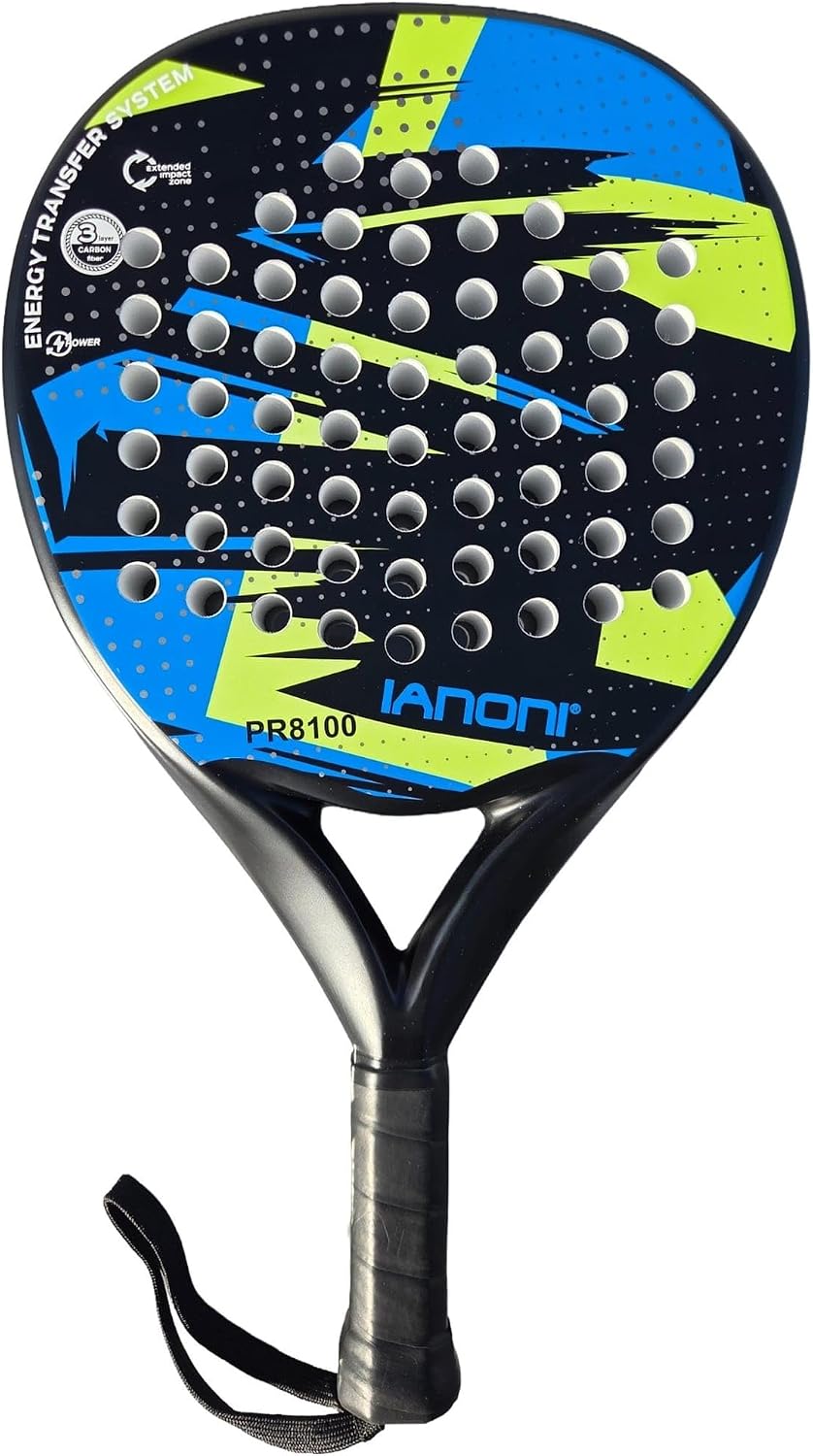 ianoni Padel Racket Carbon Fiber Surface with EVA Memory Flex Foam Core Paddle Tennis Racquets -8100-blue and green