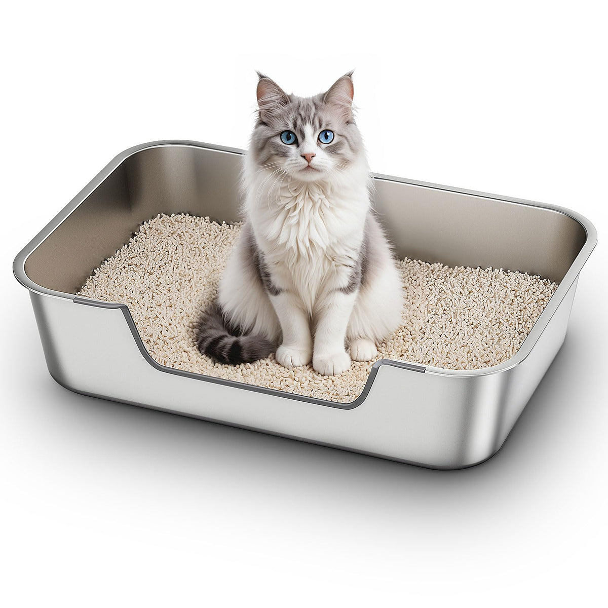 Stainless Steel Cat Litter Tray with Low Entry, Metal Cat Litter Box for Senior or Injured Cats, XXL Large Cats Toilet for Small Large Pets, Odour-Free, Non-Stick, Easy to Clean, 17.5"L×13.6"W×5.9"H