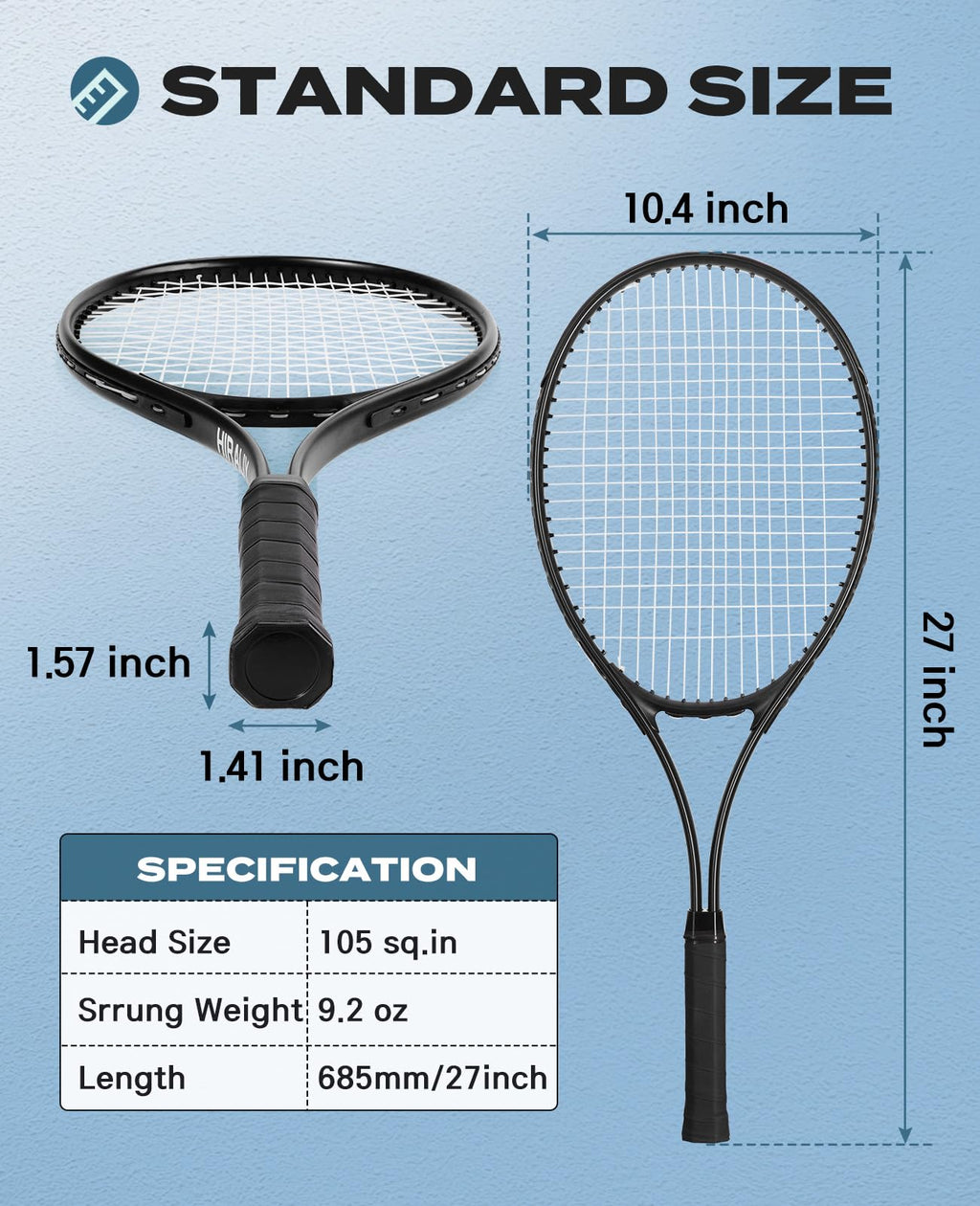 HIRALIY 27" Tennis Rackets Set of 2, 3 Tennis Balls, 2 Tennis Racquets, 2 Overgrip Tapes and 1 Carrying Bag Outdoor Recreational Sport Game