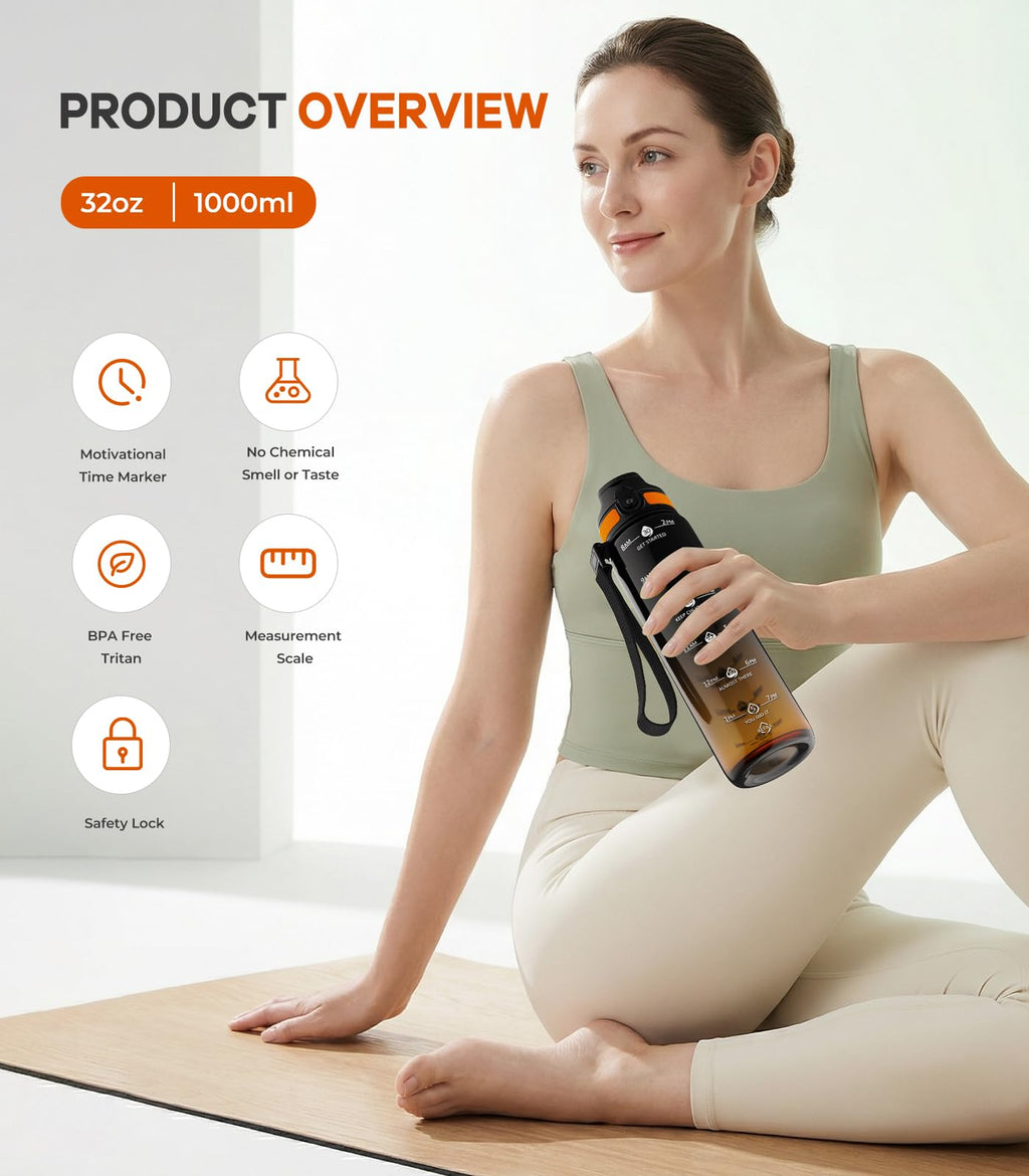 1L Water Bottle Made of BPA-Free Tritan Material, Sports Water Bottle with Removable Straw & Hydration Time Markerings, Ideal for Gym, Travel, Home, School and Outdoor Activities - Dusty-Blue