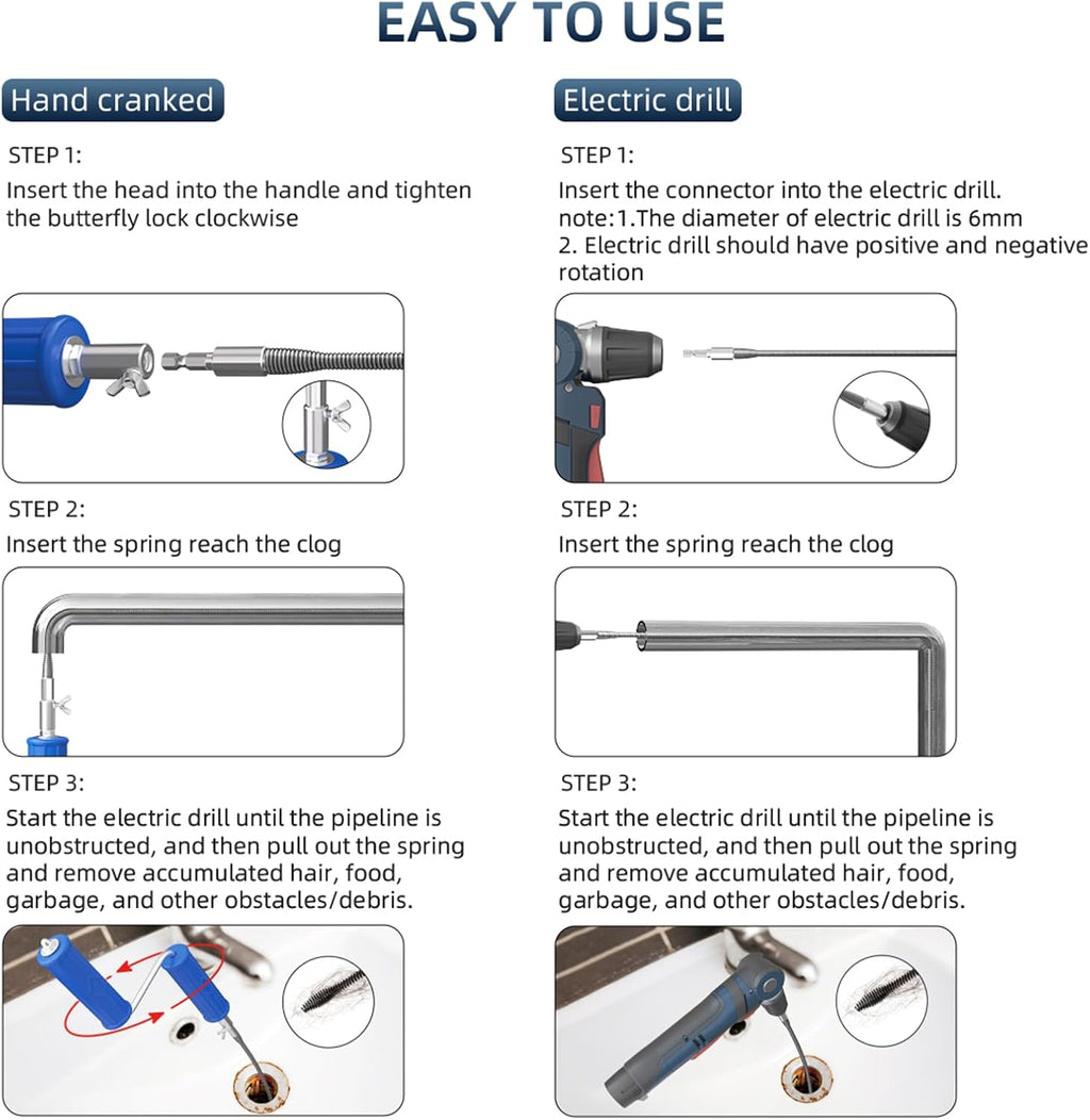 Drain Unblocker 10m x 6mm Flexible Drain Snake Manual Electric Plumbing Auger