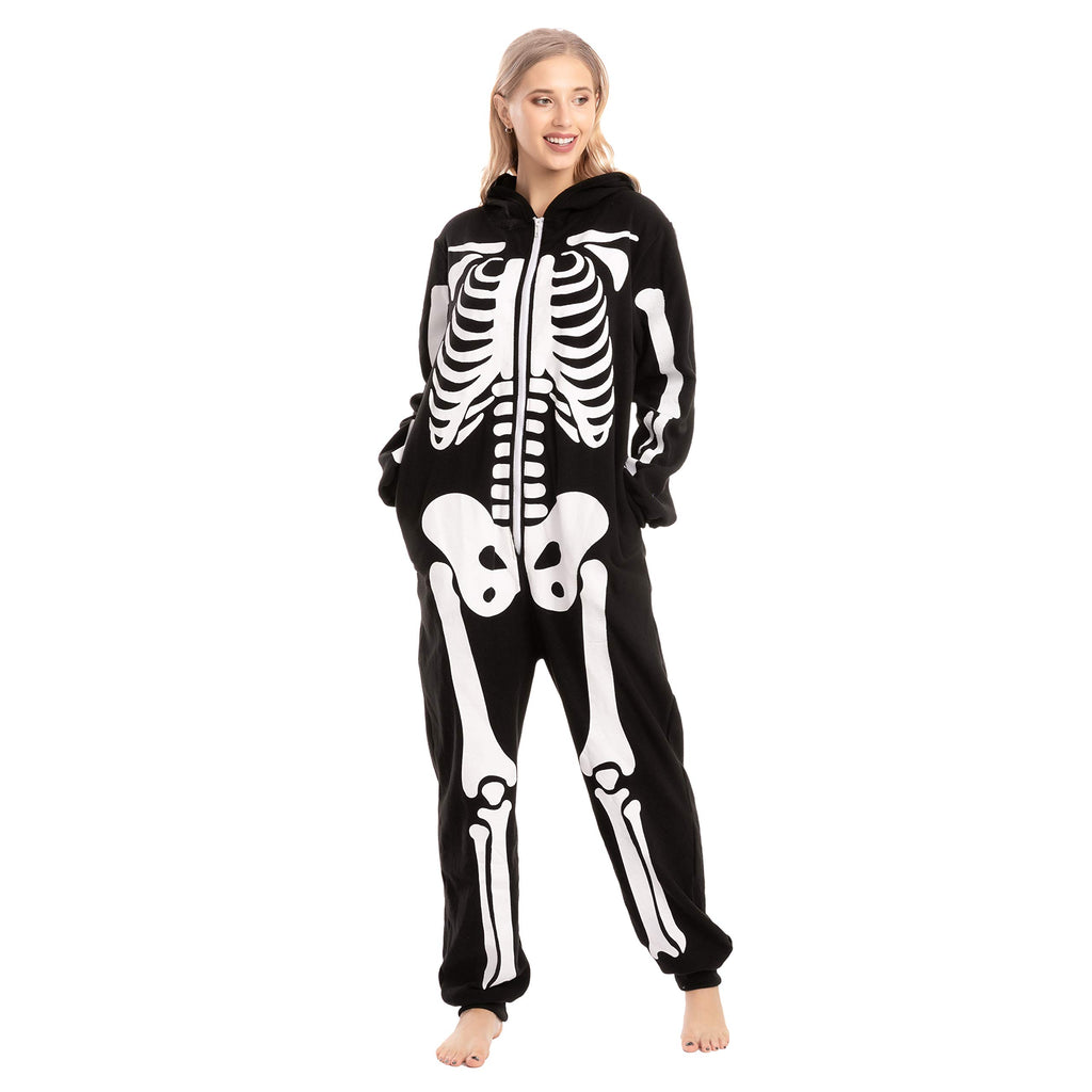 Spooktacular Creations Unisex Skeleton Jumpsuit - Plush Skeleton Zippered Halloween Hoody for Adult Sleepwear Costume