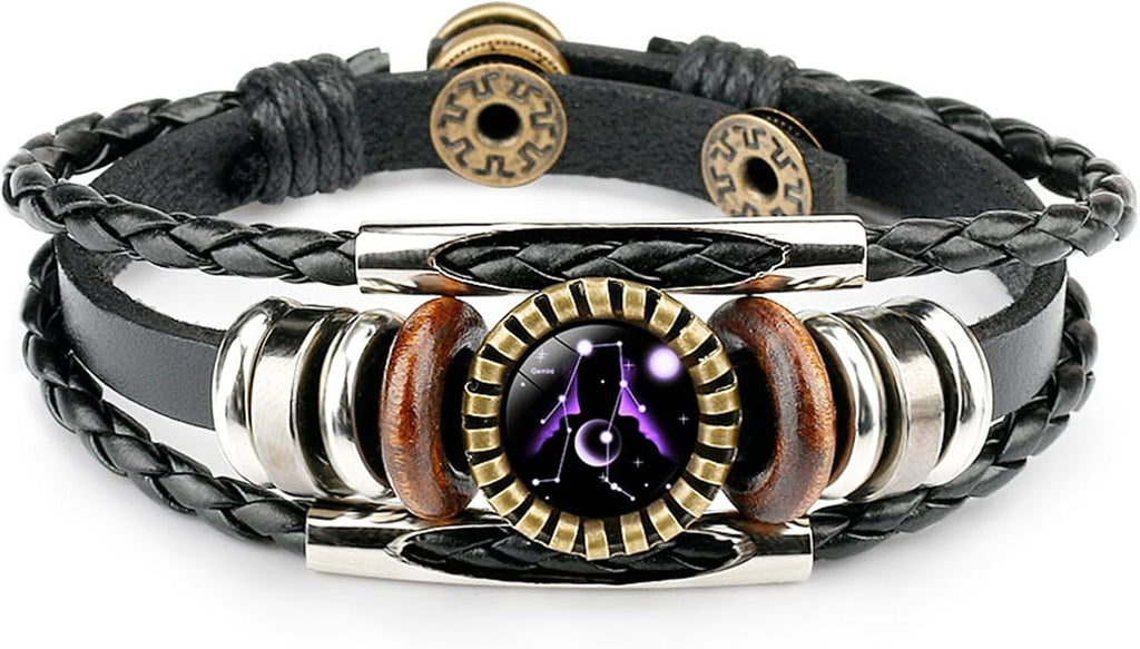 Constellation Black Braided Leather Bracelet Sagittarius Scorpio Pisces Braided Glass Dome Jewelry Punk Men's Bracelet