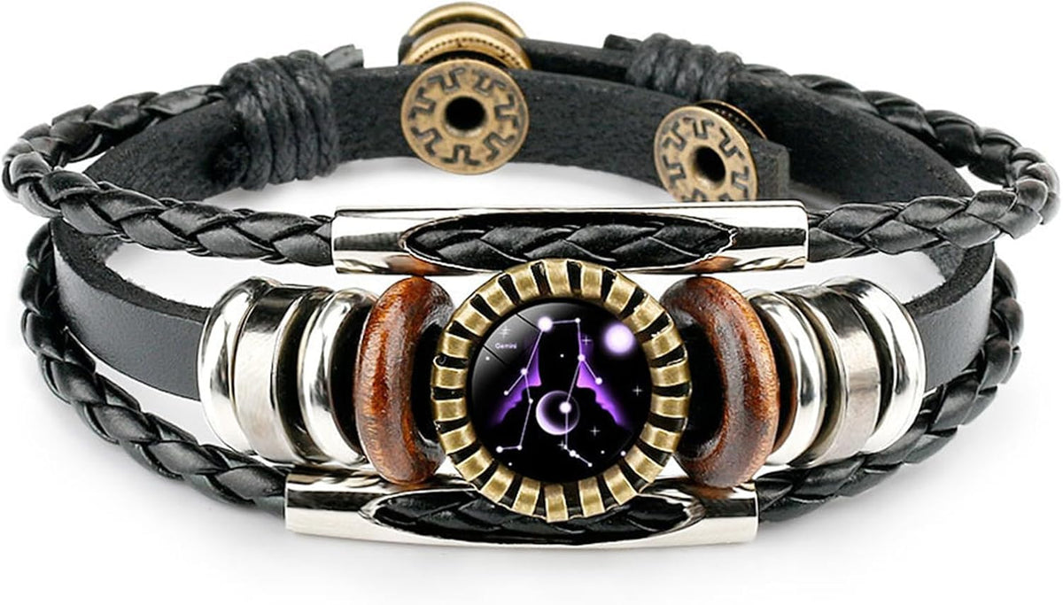 Constellation Black Braided Leather Bracelet Sagittarius Scorpio Pisces Braided Glass Dome Jewelry Punk Men's Bracelet