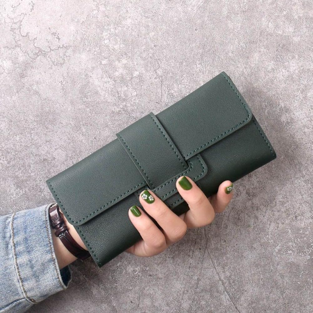 Coin Purse Large Capacity PU Long Wallet Luxury Solid Color Money Bag Women (Green)