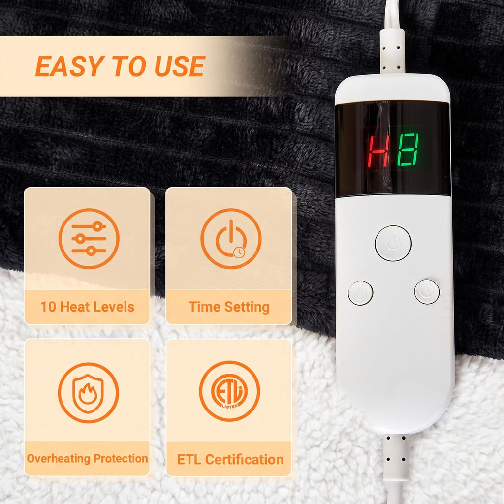 Heated Blanket Throw 130×160cm Electric Blanket, 10 Heating Settings, 1-8h Timer overheat Protection, Machine Washable, Flannel & Sherpa Full Body Warming, Electric Throw Blanket for Sofa