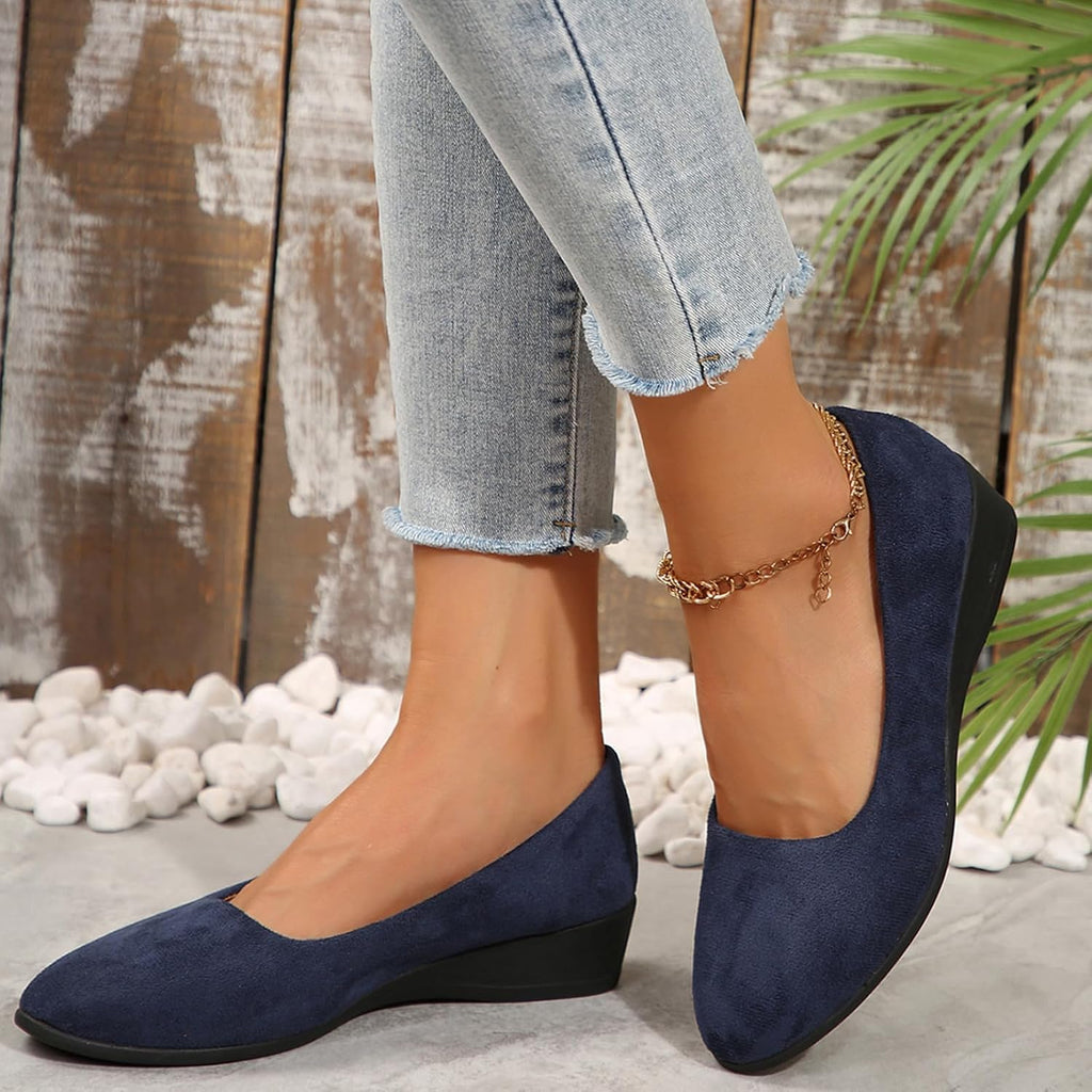 Women's Ballet Flats Business Office Work Dress Shoes Low Wedge Round Toe Slip-Ons Comfortable Dressy Casual Flats Shoes