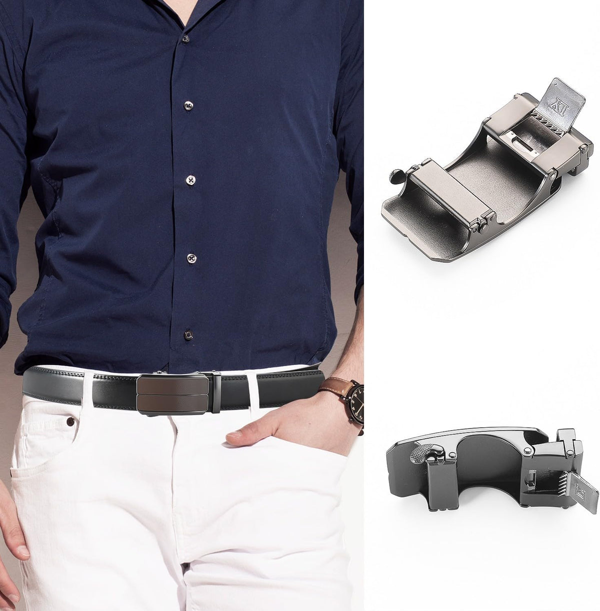 Men's Adjustable Leather Belt Strap & Zinc Alloy Automatic Ratchet Buckle, Customizable for Business Casual & Formal Wear