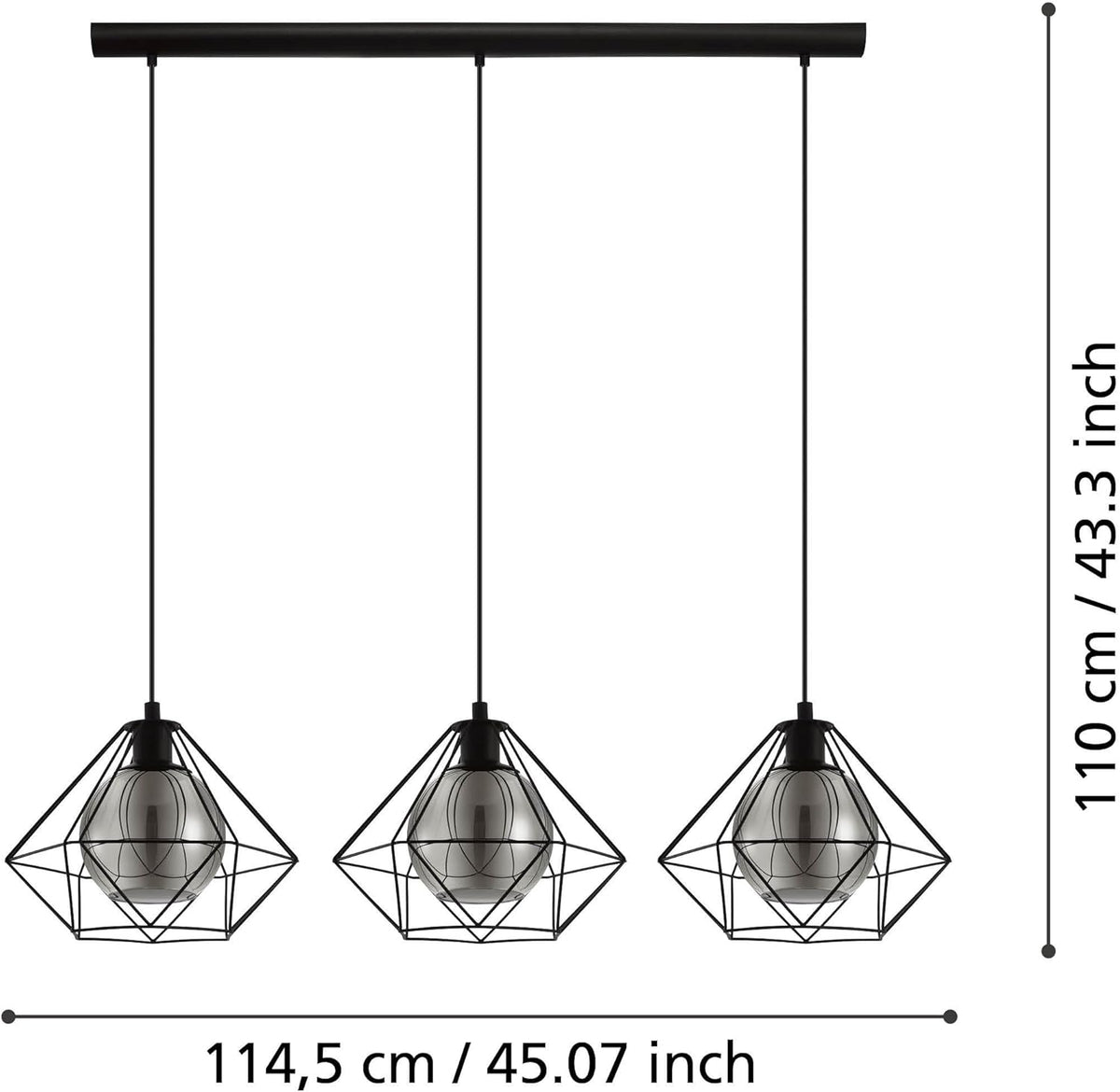 Pendant Light 3 Light Vintage Industrial Smoked Glass E27 Black Eglo Vernham