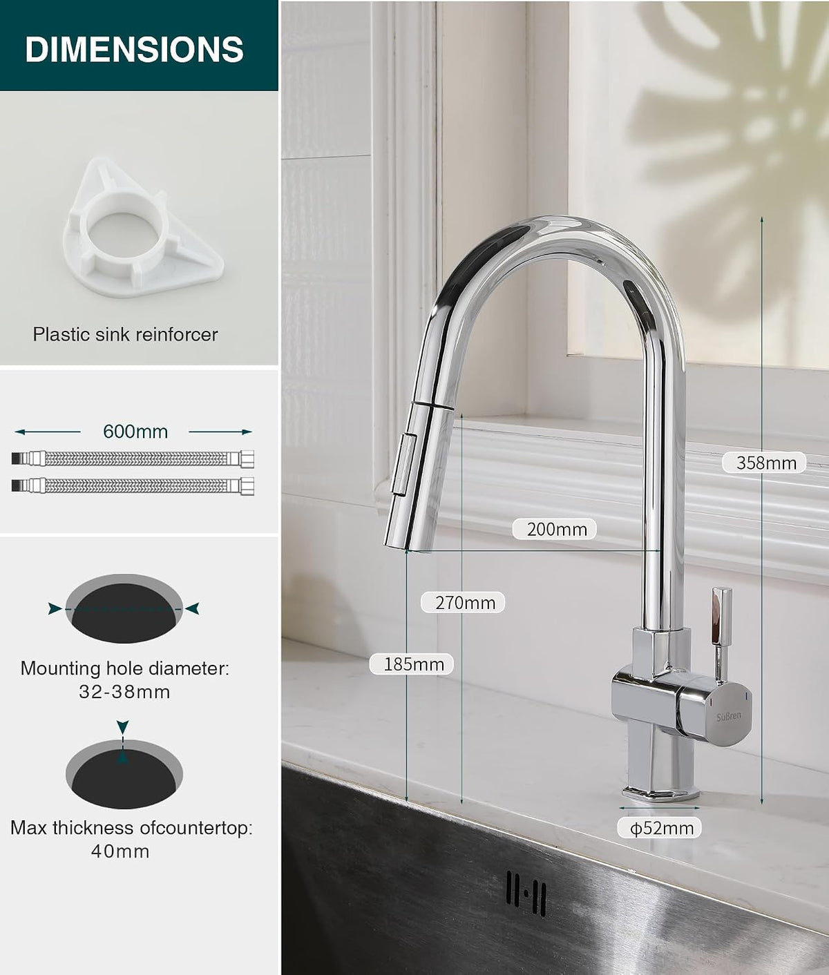 Kitchen Mixer Tap Pull Out Sprayer 2 Modes 360 Swivel Stainless Steel Chrome Sink