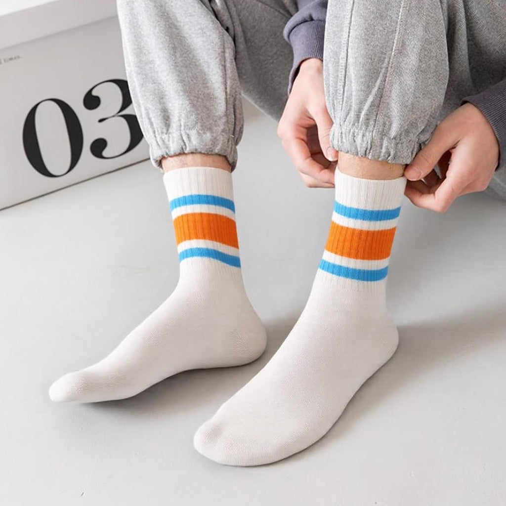 2-Pack Striped Cotton Crew Socks, Comfortable and Breathable Socks for Men and Women, Fashionable Casual and Athletic Socks