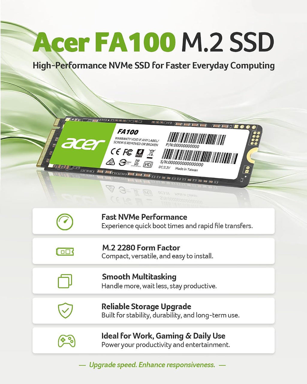 Acer FA100 M.2 2280 SSD 512GB: PCIe 3.0 NVMe with HMB & SLC Cache, Up to 3500 MB/s Read Speed, PC Internal Solid State Drive for Laptop & Desktop Upgrade