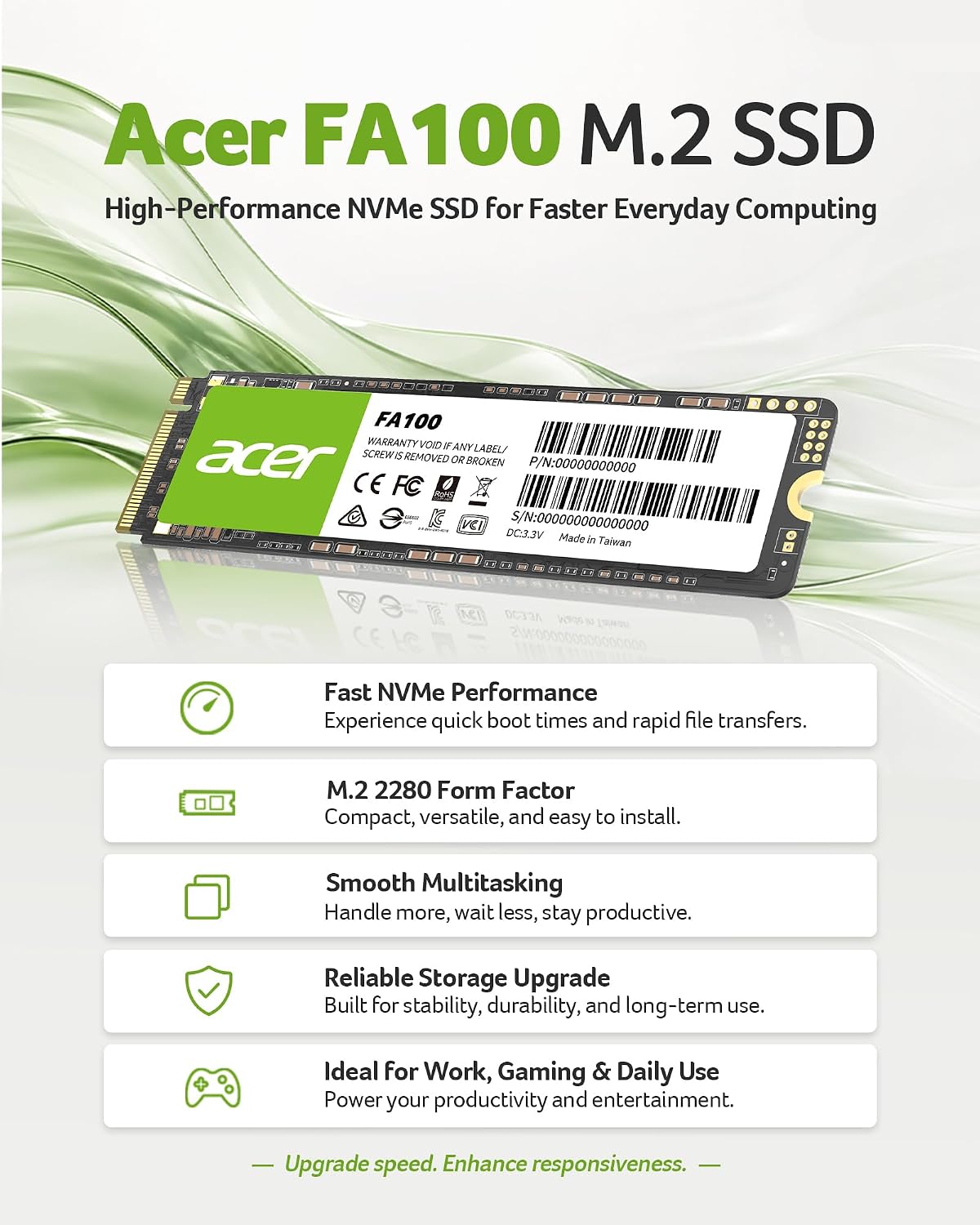 Acer FA100 M.2 2280 SSD 512GB: PCIe 3.0 NVMe with HMB & SLC Cache, Up to 3500 MB/s Read Speed, PC Internal Solid State Drive for Laptop & Desktop Upgrade