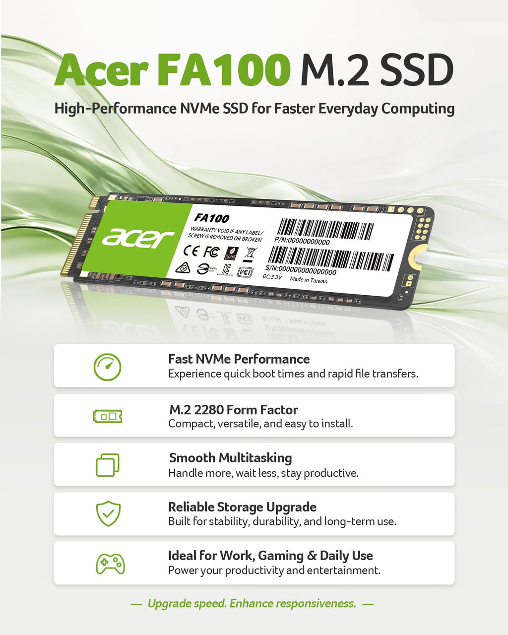 Acer FA100 M.2 2280 SSD 512GB: PCIe 3.0 NVMe with HMB & SLC Cache, Up to 3500 MB/s Read Speed, PC Internal Solid State Drive for Laptop & Desktop Upgrade