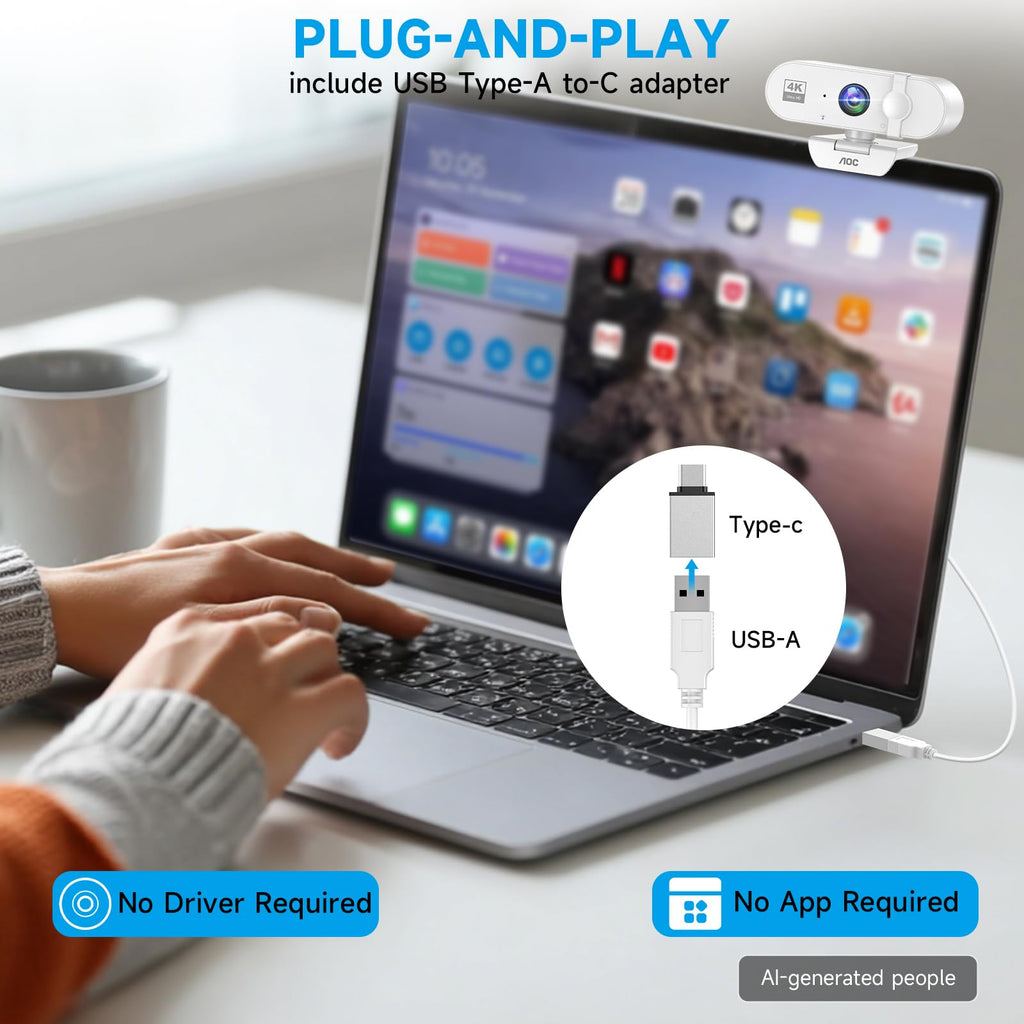 AOC Webcam for PC with Microphone, 4K Webcam Privacy Cover, Plug & Play