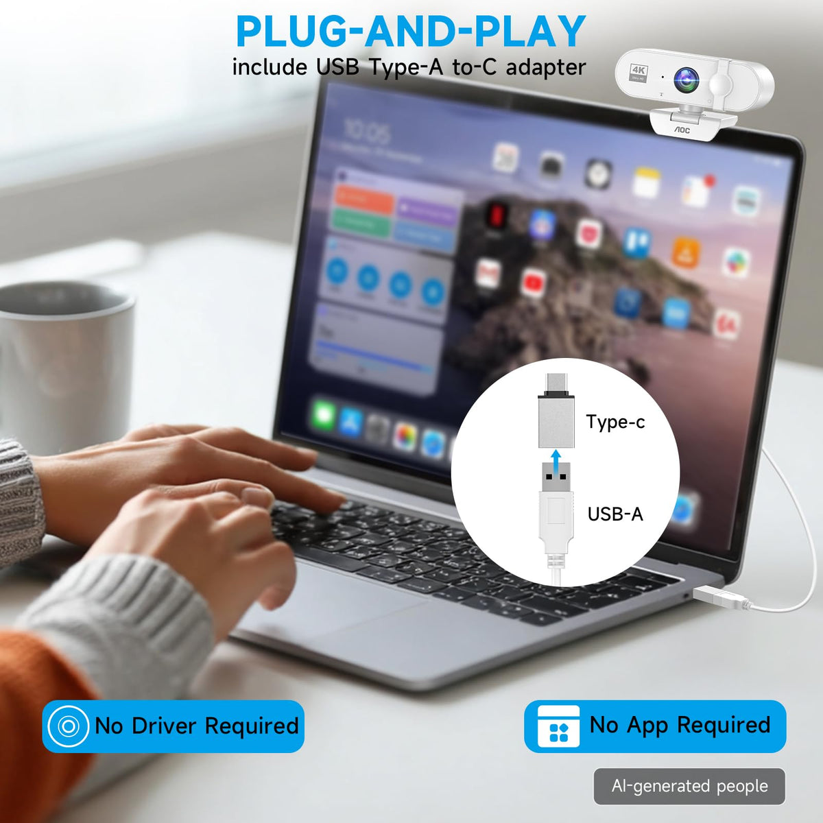 AOC Webcam for PC with Microphone, 4K Webcam Privacy Cover, Plug & Play