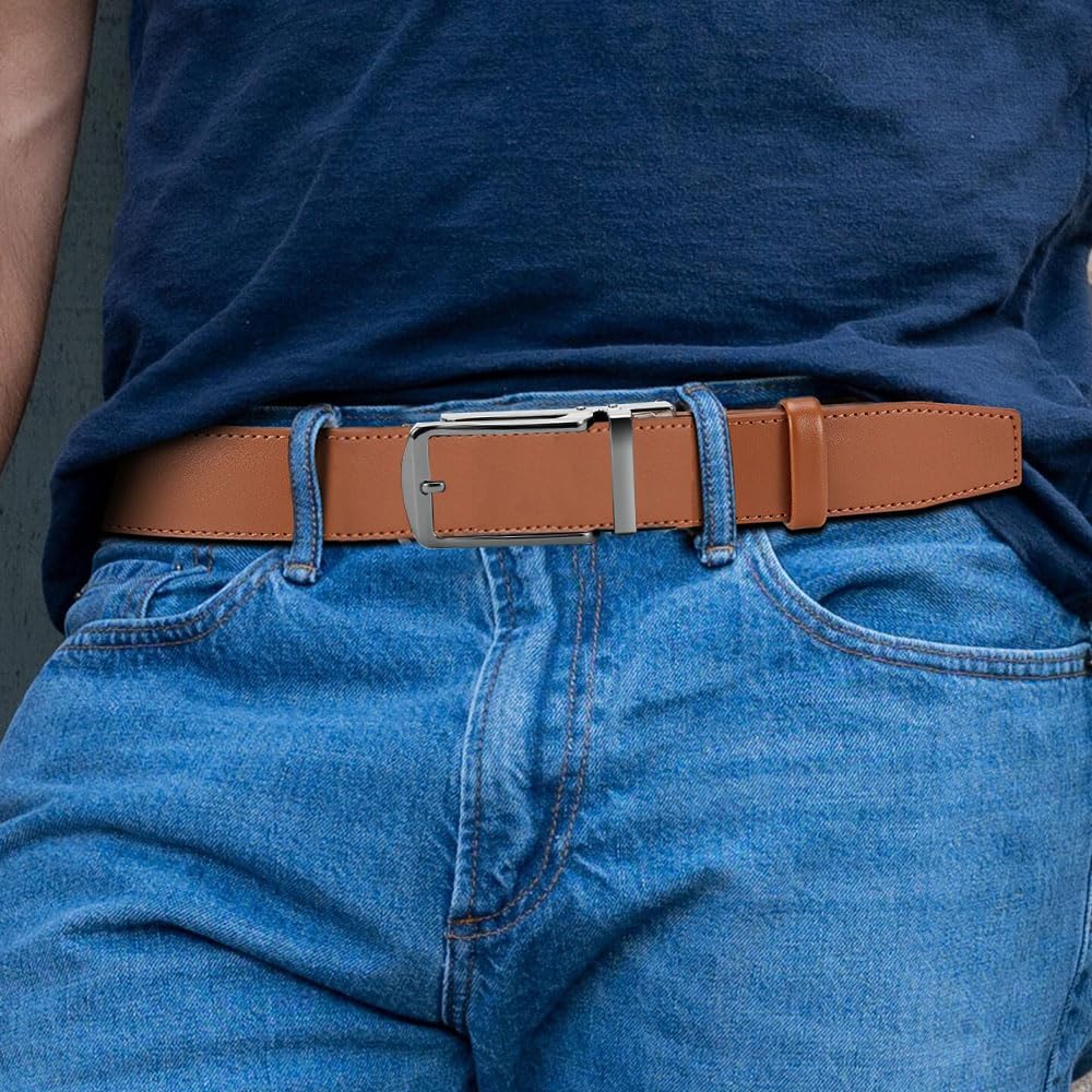 Mens Belt Leather Ratchet 1 3/8'' - 2 Packs Belt For Men Gift Dress and Casual with Adjustable Buckle, Trim to Fit