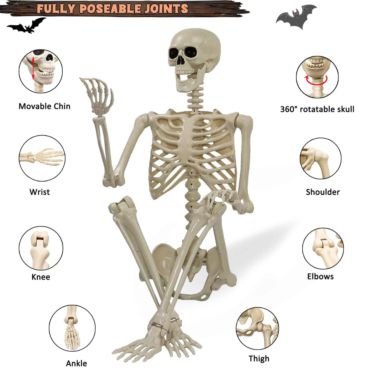 2 Pack 36"Halloween Skeleton - 3 ft Life Size Human Skeleton with Full Body Posable Joints Plastic Skeleton for Halloween Skeletons Decor Yard Patio Lawn Garden Skeleton Props Spooky Party Decoration