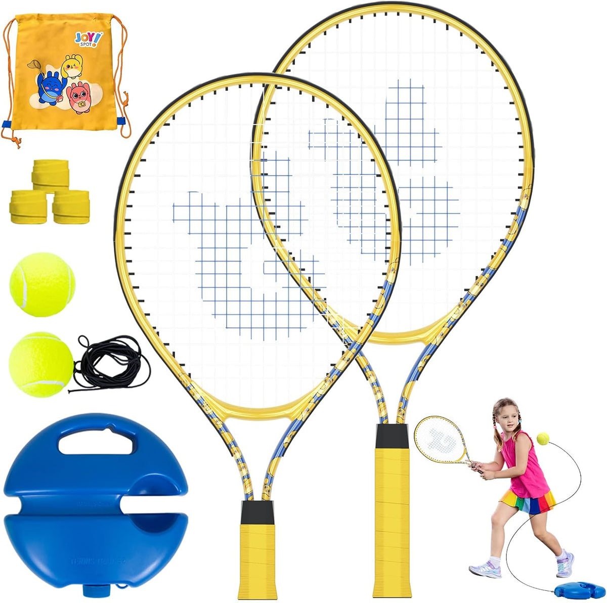 Kids Tennis Rackets 2 Pack with Trainer Rebound Balls, Size 19" & 21" Training Equipment for Parent-child activities, Portable Beginners junior Youth Tennis Practice Kit for Boy Girl