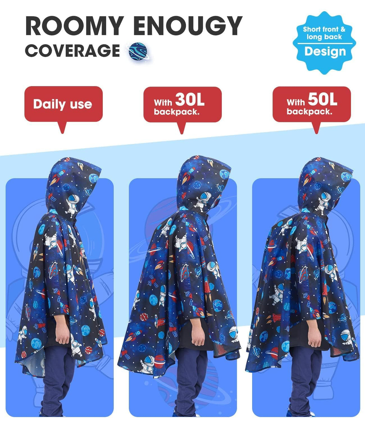WAWSAM Kids Rain Poncho Waterproof Boys Girls Portable Raincoat Rain Jacket Lightweight Rainwear