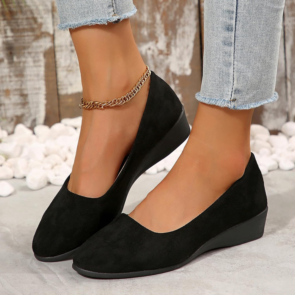 Women's Ballet Flats Business Office Work Dress Shoes Low Wedge Round Toe Slip-Ons Comfortable Dressy Casual Flats Shoes